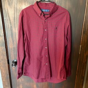 Ralph Lauren Mens Gingham Button Down Shirt Red Black Cotton Long Sleeve Large